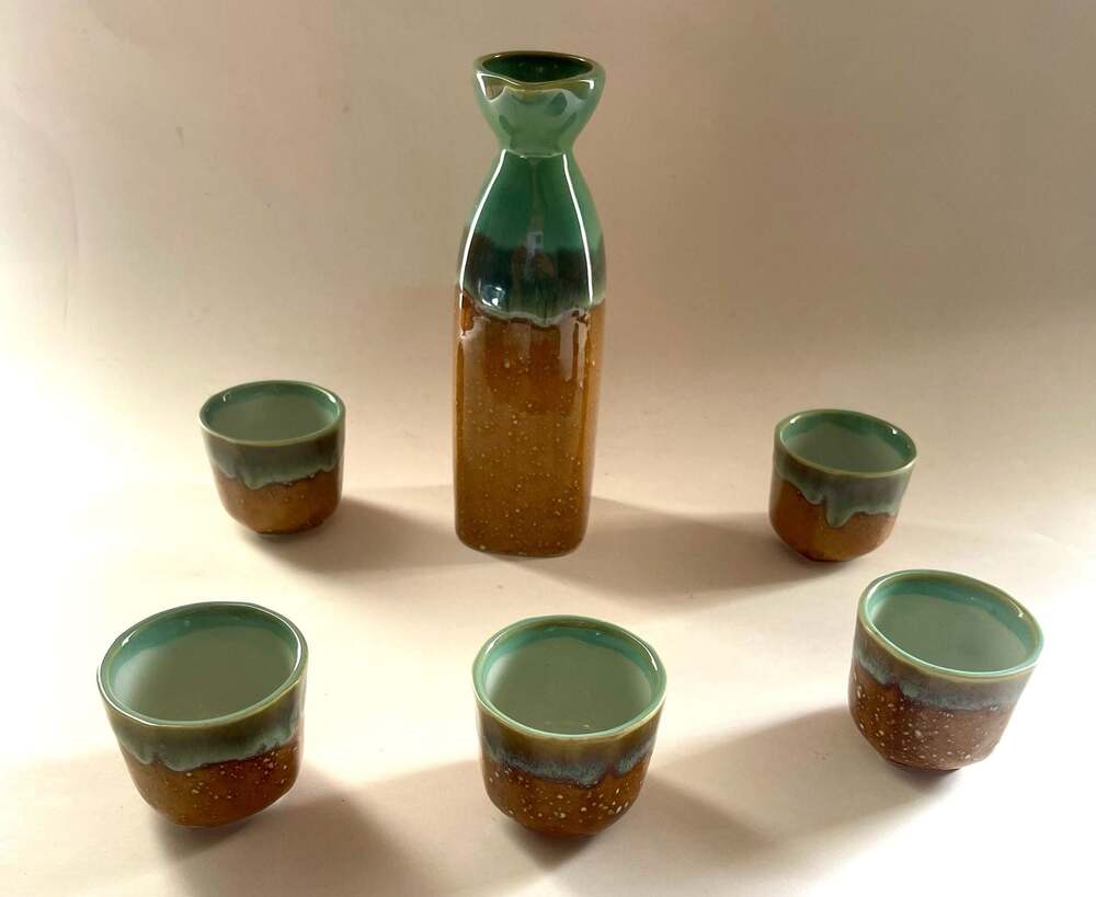 Japanese Ceramic Sake Set with Decanter and Five Cups, Brown and Green Drip Glaz